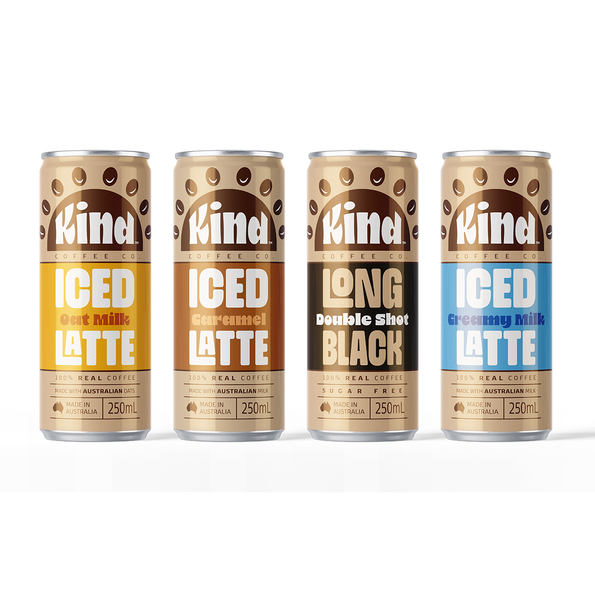 Four cans of Kind coffee drinks on a white background