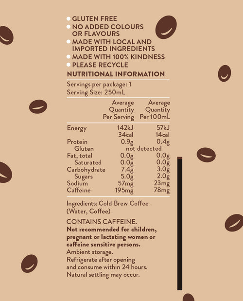 Nutritional information label for a gluten-free coffee product on a brown background with coffee bean graphics.