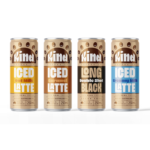 Four cans of Kind coffee drinks on a white background